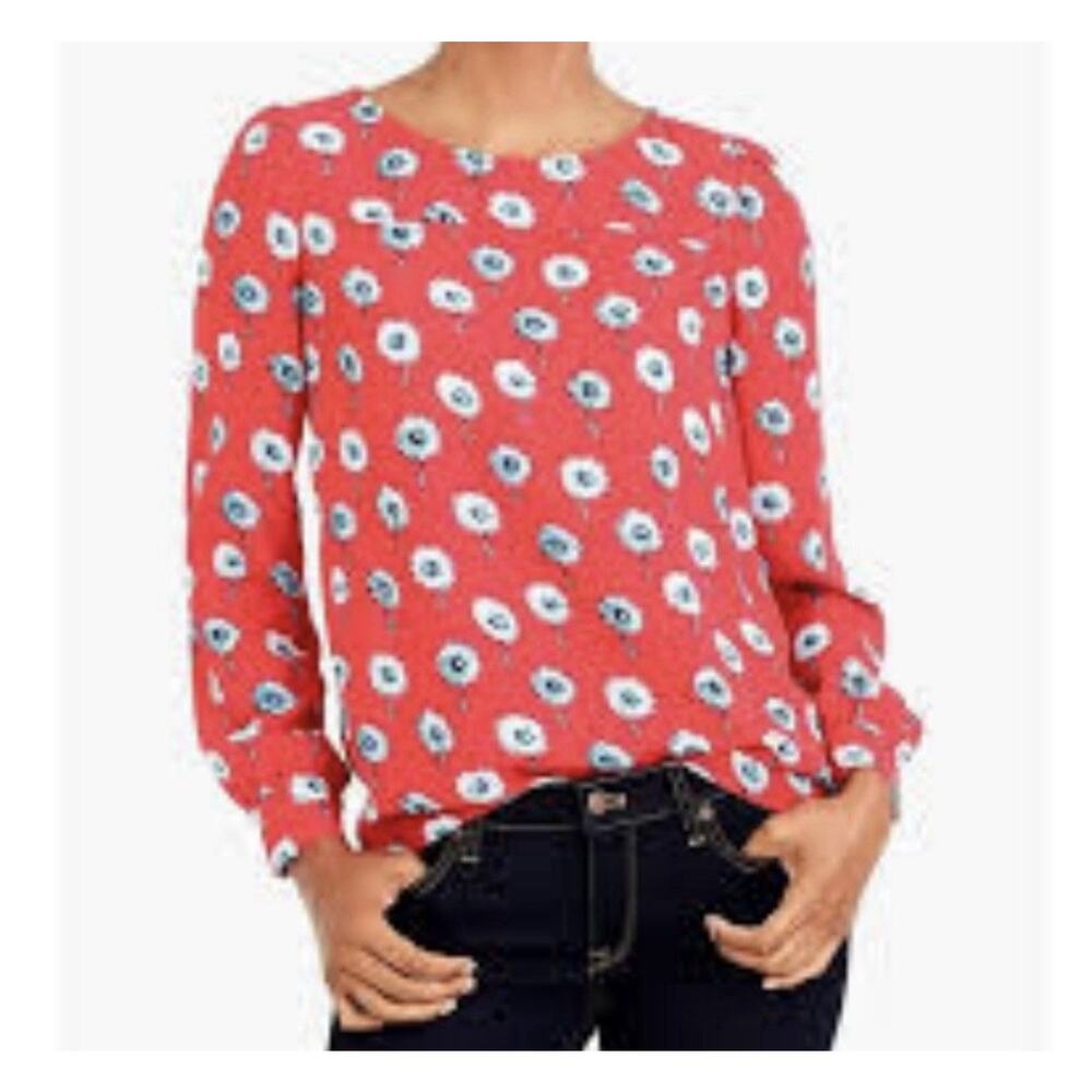 J. Crew Longfellow Blouse Top‎ Sz M Red w Denim Blue Flowers Long Puffed Sleeve
